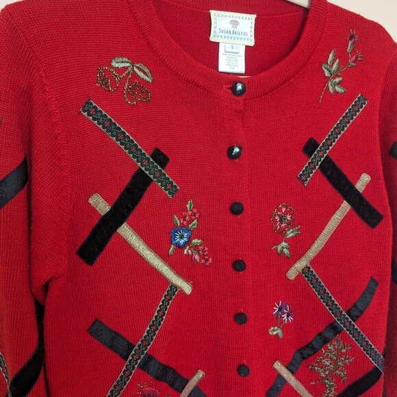VINTAGE Susan Bristol Christmas cardigan EUC size Small floral and ribbons - Picture 2 of 10